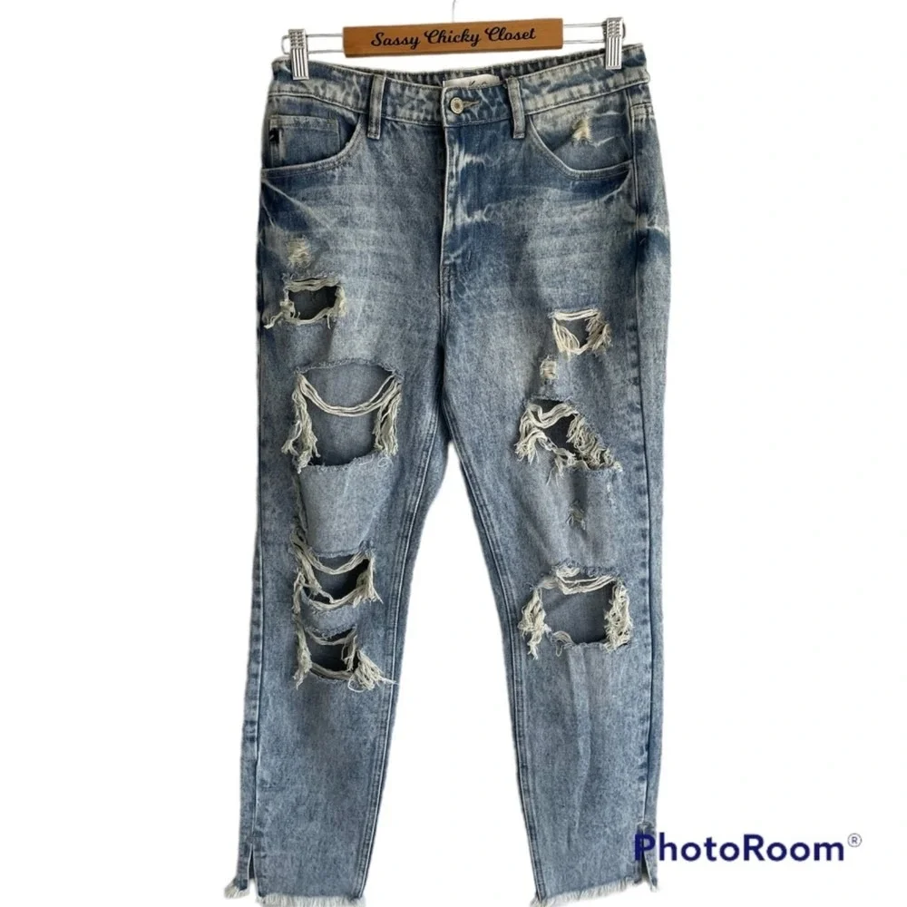 KANCAN Medium Wash Amy High Rise Mom Fit Distressed Punk Rock Ladies Jeans, 9/28